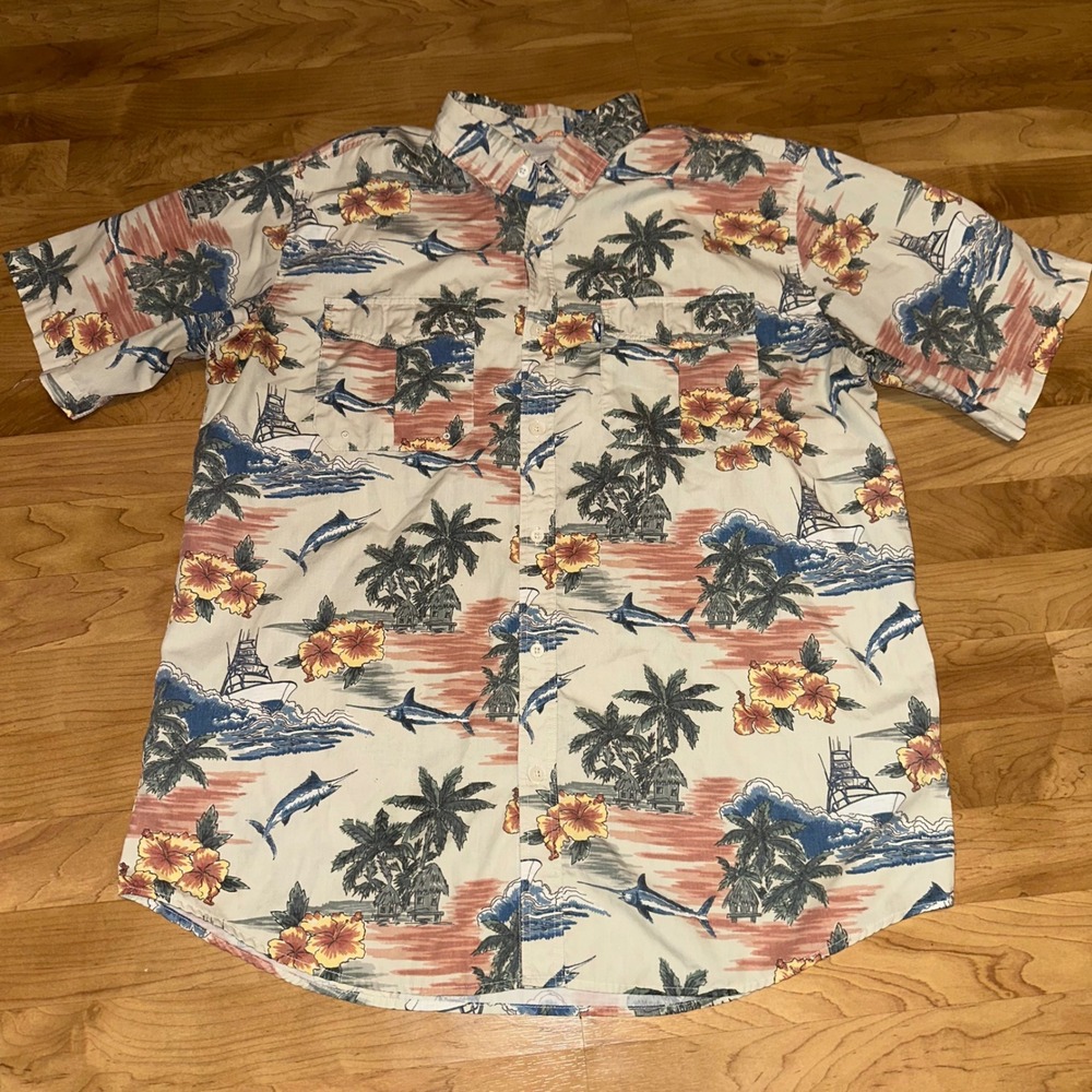 AFTCO Hawaiian Fishing Shirt Men's Large Tropical Marlin Boat Button Up